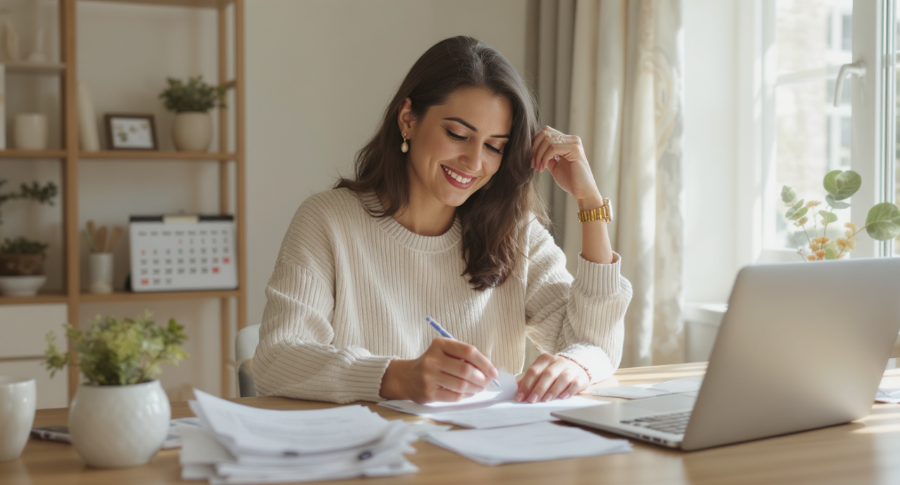 woman reviewing finances in her home office